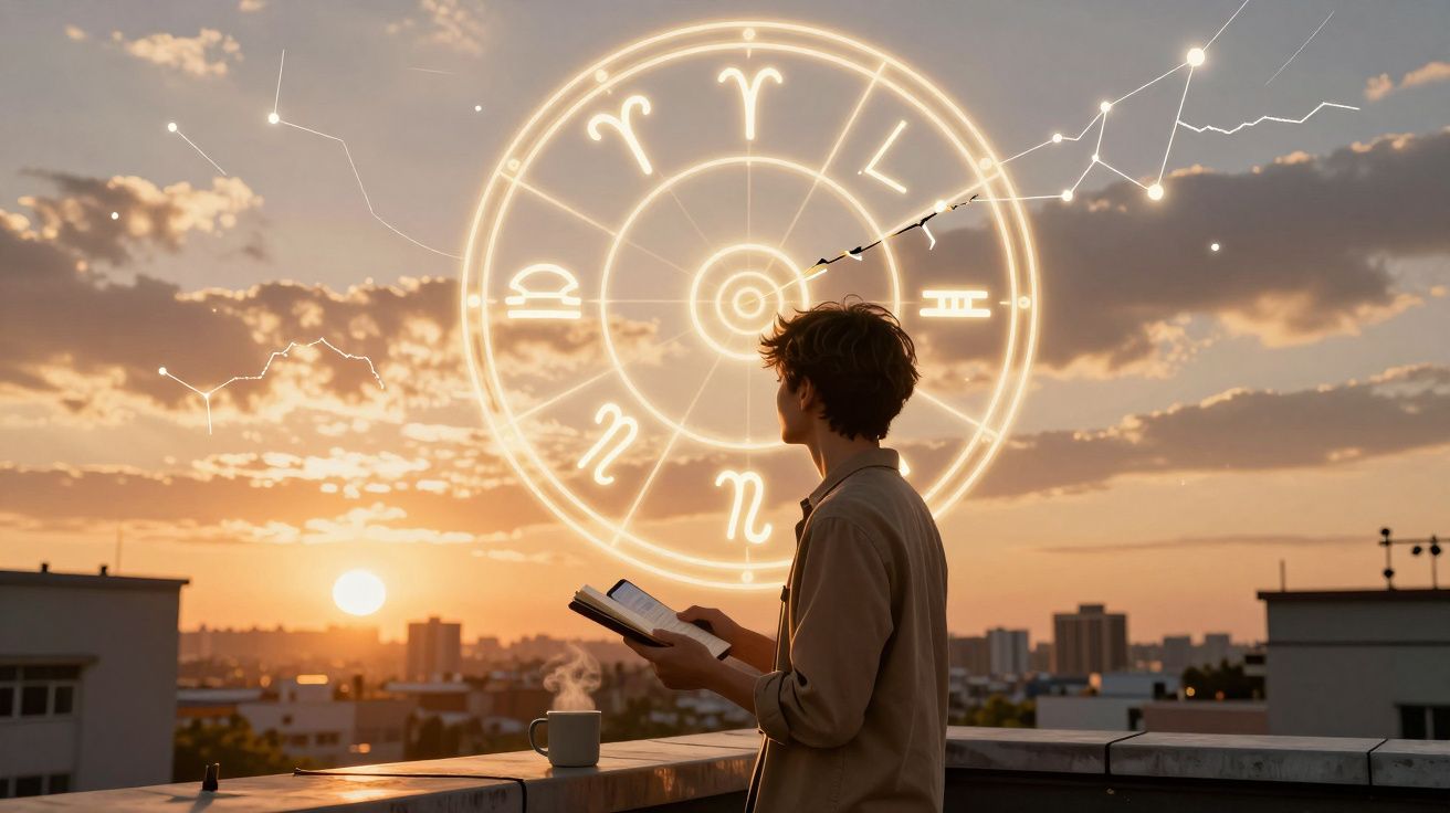 Pessoa lendo livro ao pôr do sol com círculo zodiacal iluminado no céu da cidade.