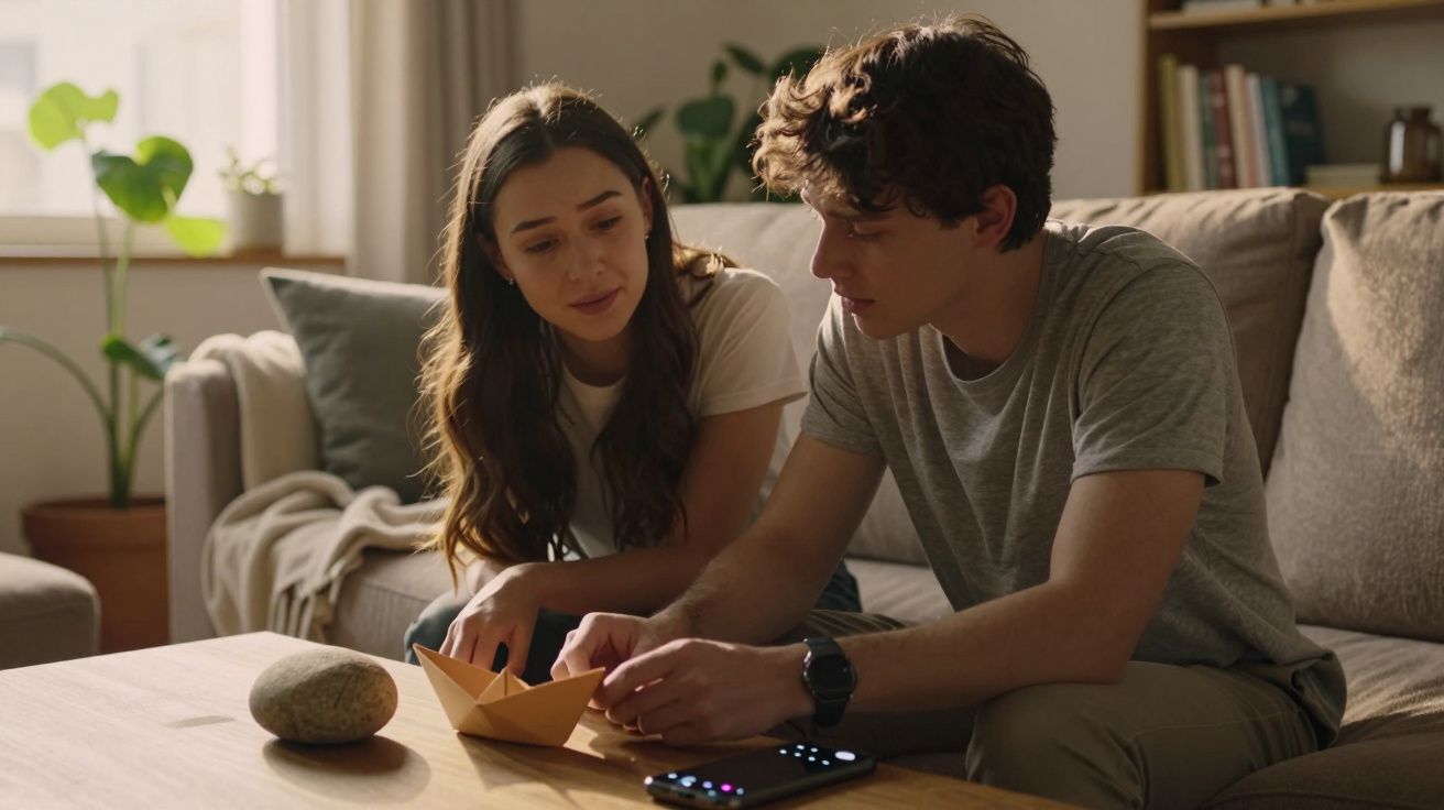 Jovem casal sentado no sofá, interagindo com um barco de papel sobre a mesa na sala.