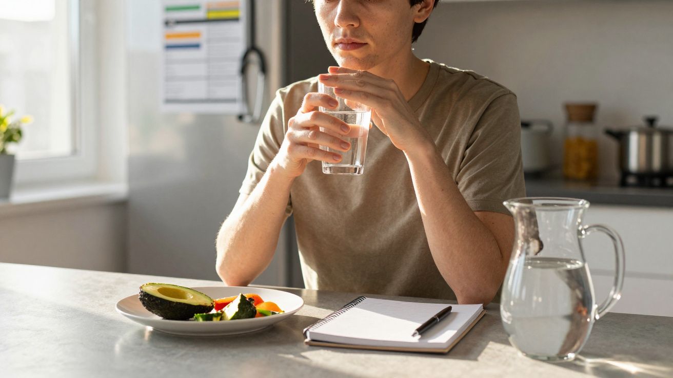 Pessoa sentada à mesa bebendo água, com prato de frutas e caderno à sua frente em cozinha iluminada.