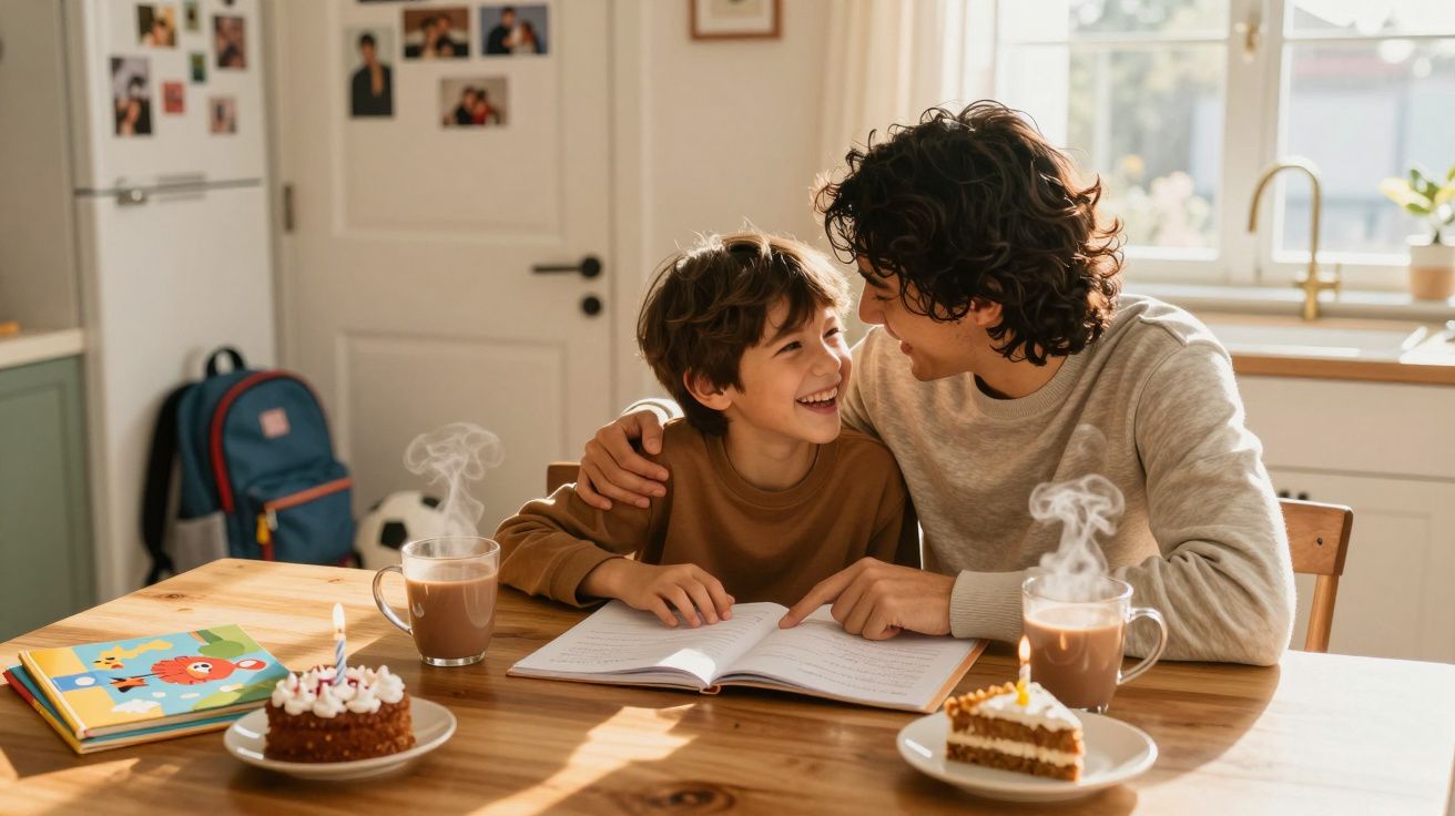 Pai e filho sorrindo enquanto estudam juntos à mesa com bolo e chocolate quente em ambiente iluminado.