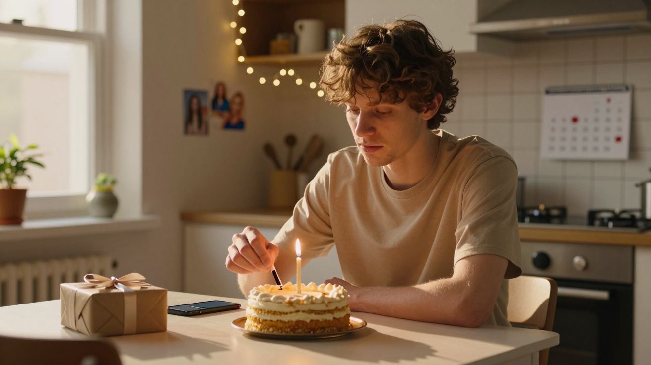 Jovem acendendo vela em bolo de aniversário em cozinha iluminada, com presente e celular na mesa.