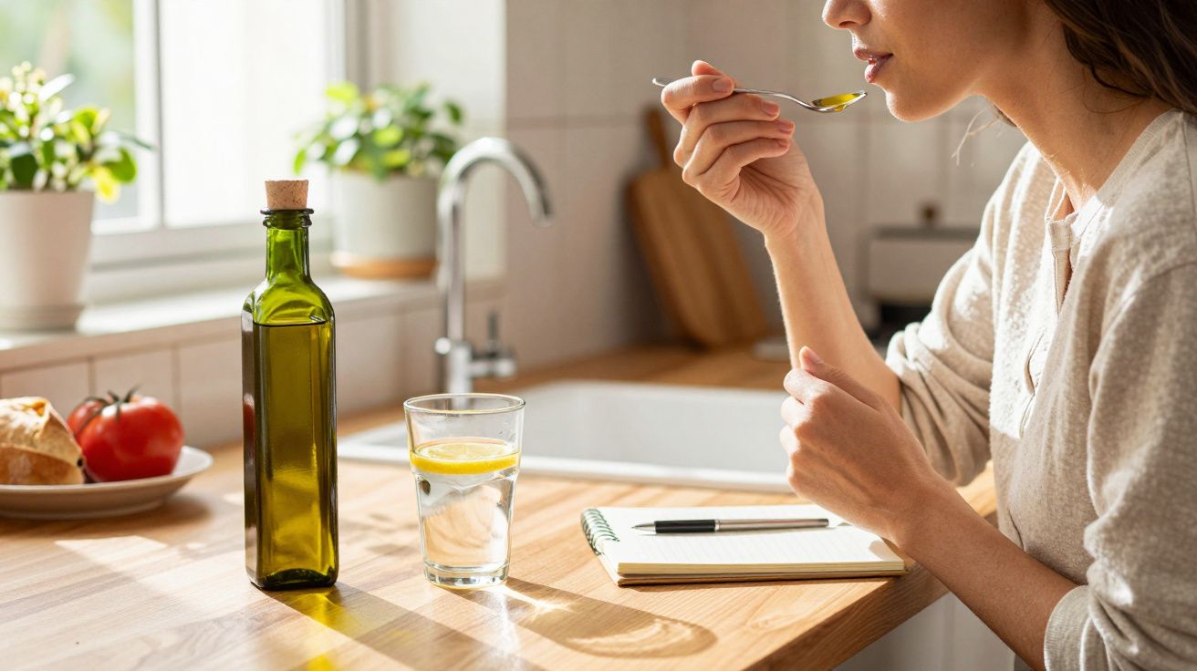 Pessoa provando alimento com colher em cozinha iluminada, com garrafa, copo e caderno sobre bancada.