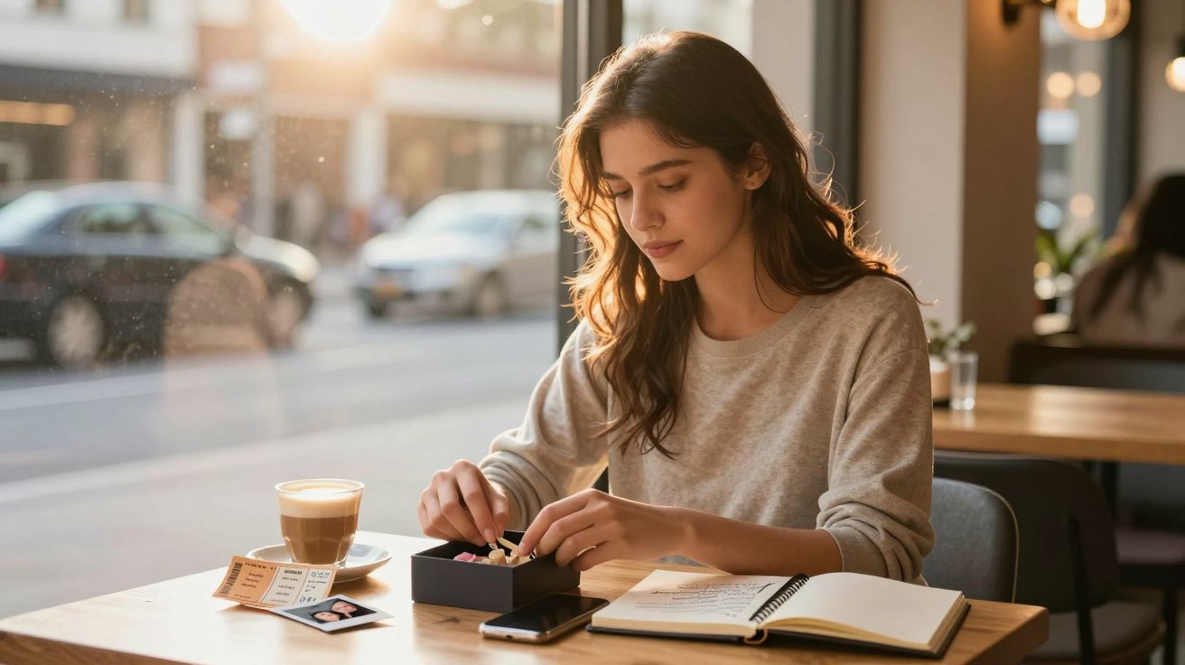 Jovem sentada em cafeteria arrumando peças de quebra-cabeça, com café, celular e caderno na mesa.