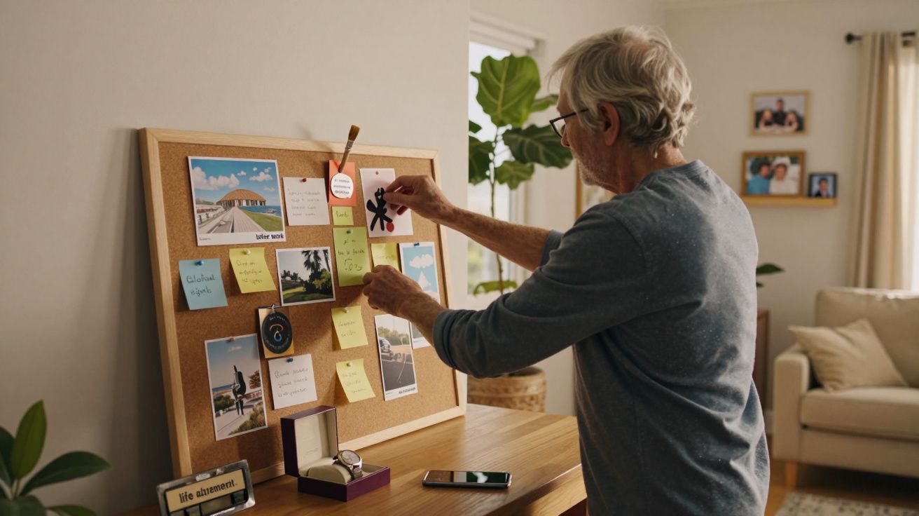 Homem idoso organizando cartões e fotos em painel de cortiça dentro de uma sala iluminada.