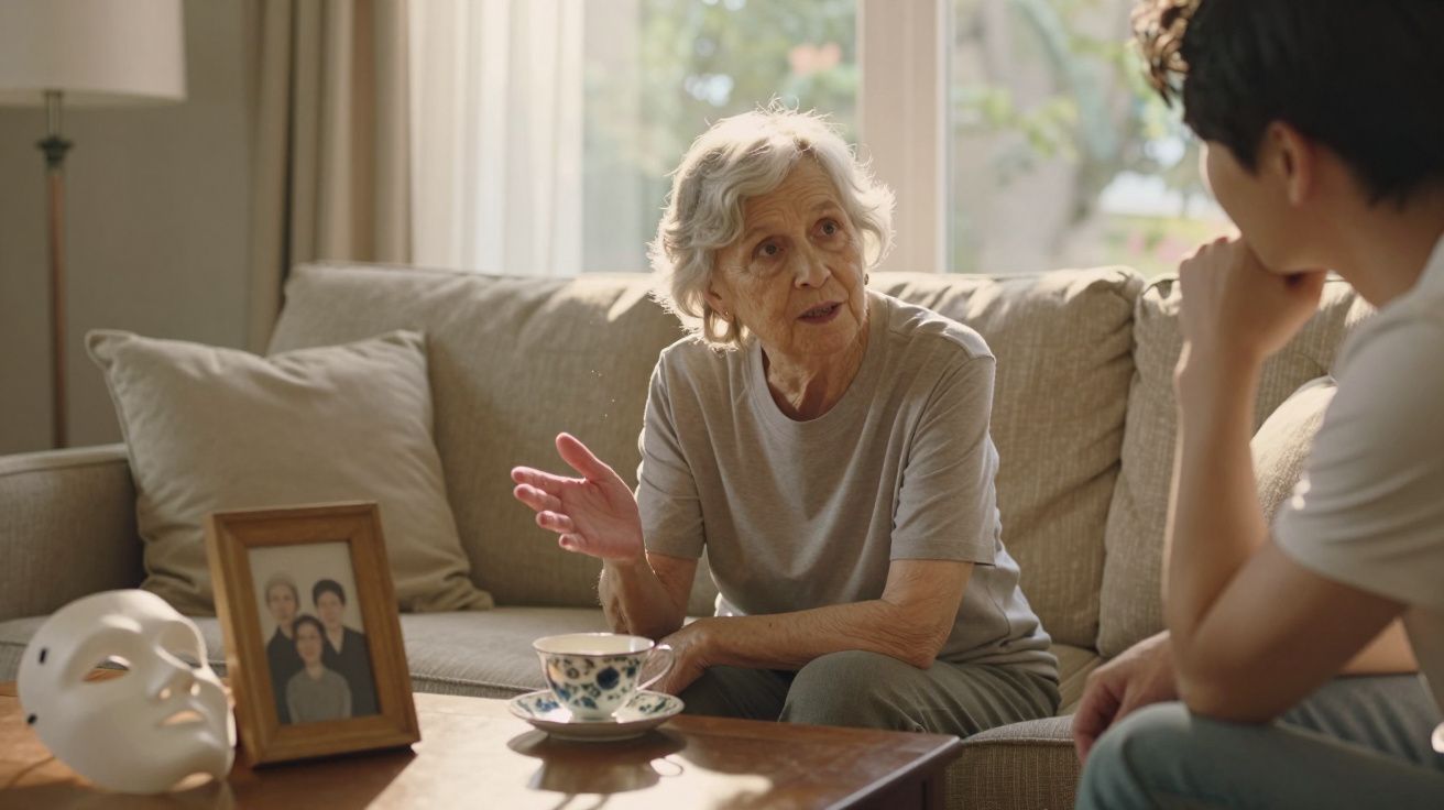 Mulher idosa conversando com homem jovem em sofá, com xícara de chá e foto de família na mesa.