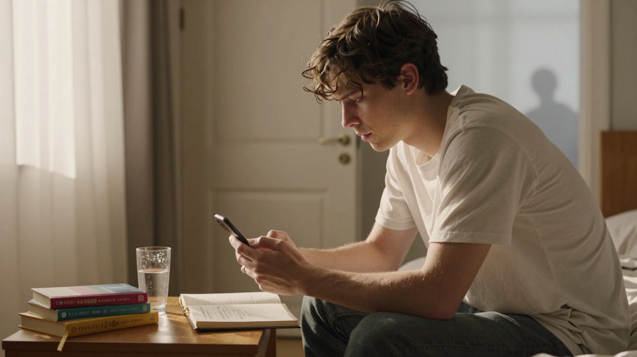 Jovem sentado na beira da cama olhando para o celular, com livros e copo d’água na mesa ao lado.