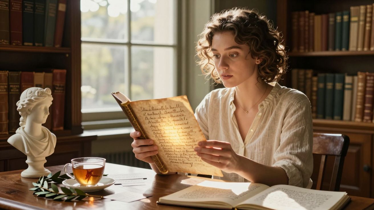 Mulher lendo manuscrito antigo em biblioteca antiga com chá e busto clássico na mesa de madeira.