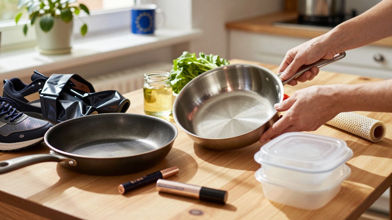 Mesa de cozinha com duas panelas, tênis, elástico, maquiagem, potes plásticos e plantas ao fundo.