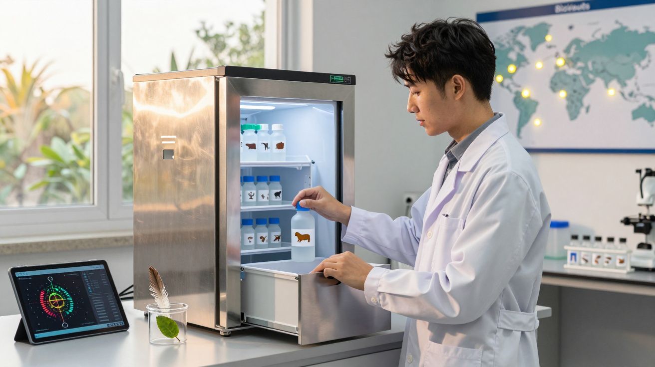 Cientista retirando frasco de amostra animal de geladeira em laboratório moderno com tablet ao lado.