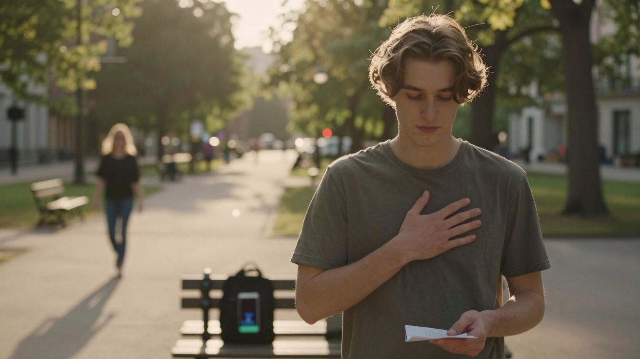 Jovem em parque ao entardecer com mão no peito segurando papel, com pessoas ao fundo desfocadas.