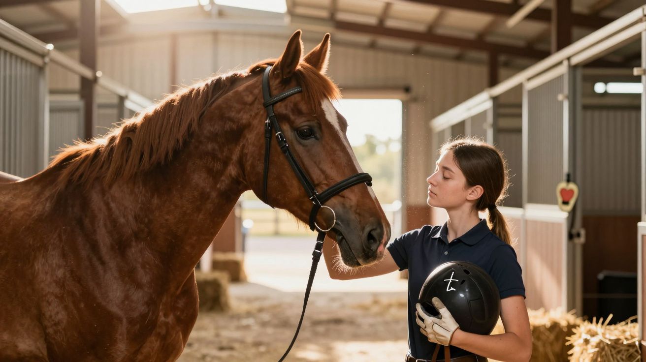 Jovem equitadora com capacete na mão acaricia cavalo castanho dentro de estábulo iluminado.