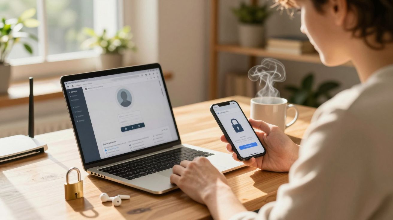 Pessoa usando celular com tela de bloqueio e notebook em mesa de madeira perto de xícara de café.