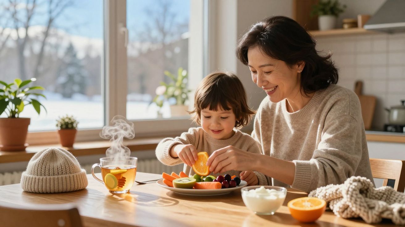 Mãe e filho sorrindo enquanto preparam frutas na cozinha ensolarada com chá quente na mesa.