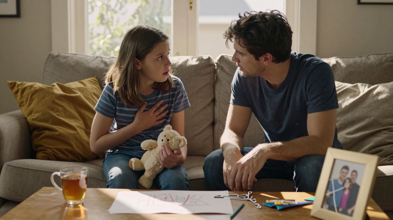 Menina segurando ursinho conversa preocupada com homem em sofá, mesa com desenho, chá e foto em família.