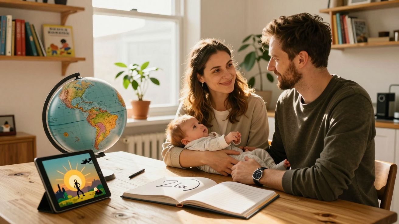 Casal sorridente com bebê no colo sentado à mesa com globo, tablet e caderno aberto em ambiente iluminado.
