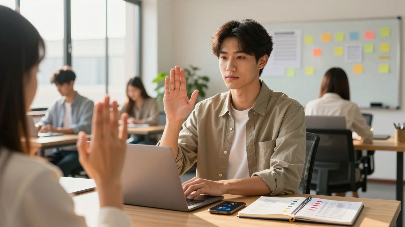 Jovem levantando a mão durante reunião online em escritório com colegas trabalhando ao fundo.