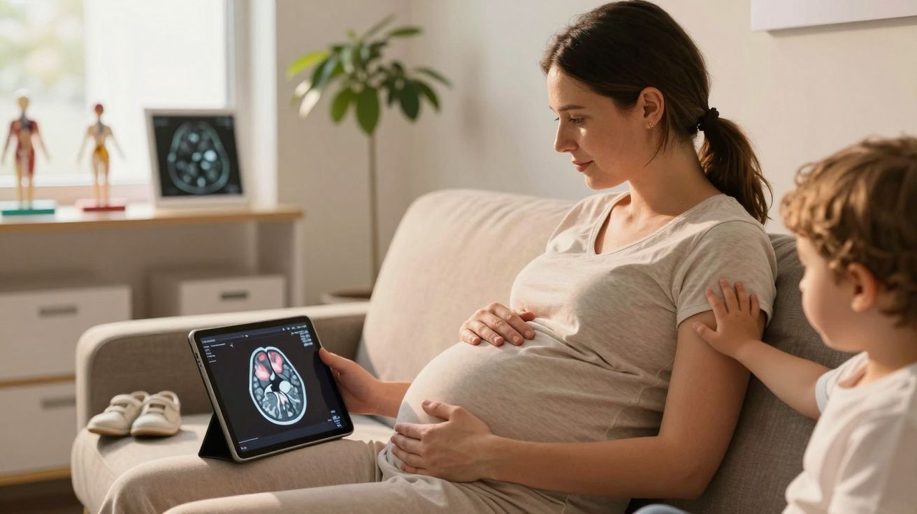 Mulher grávida sentada no sofá olhando ultrassom no tablet, com criança ao lado tocando seu braço.