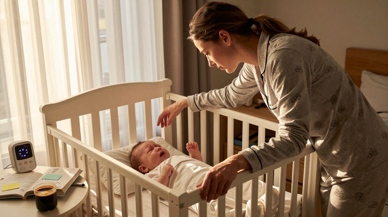 Mãe em pijama confortando bebê chorando no berço branco em quarto iluminado pela manhã.