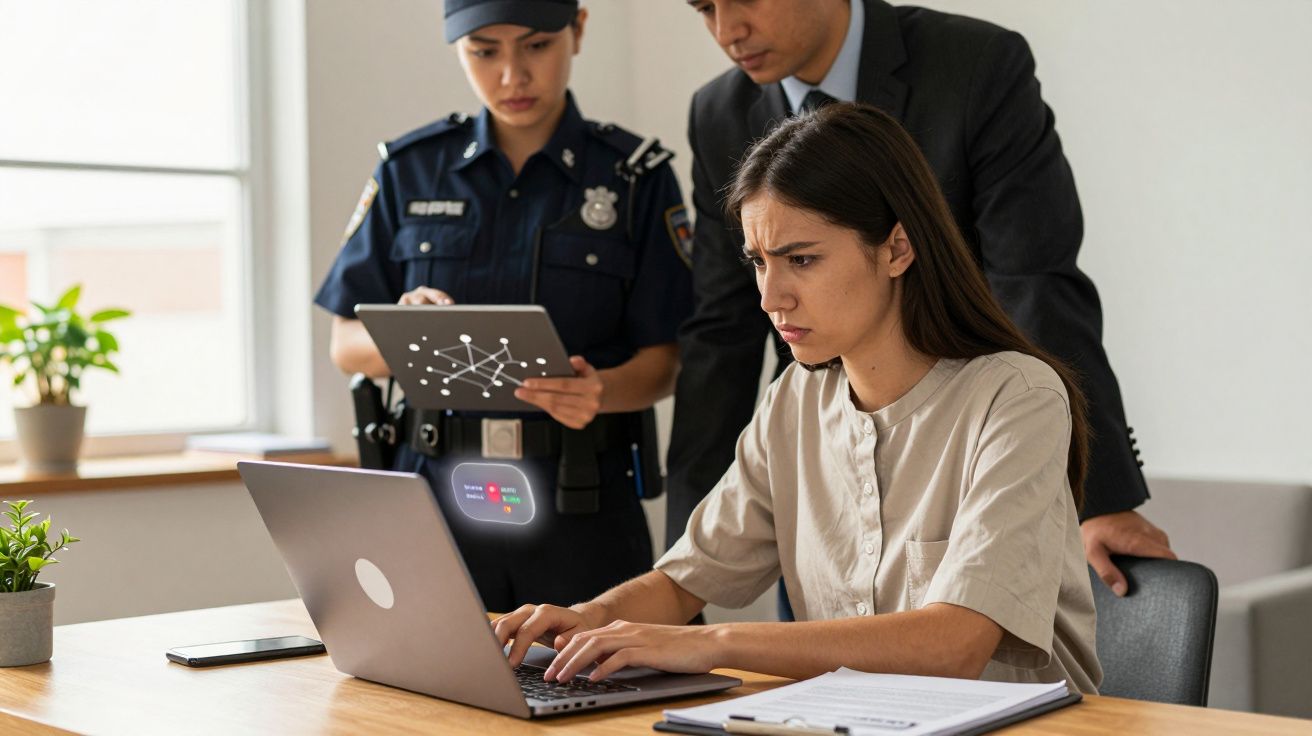 Mulher usando laptop enquanto policial e detetive observam em sala iluminada por janela.
