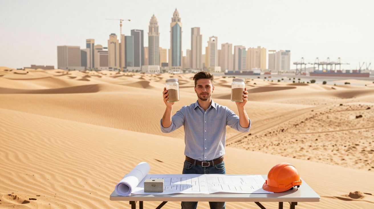 Homem segura dois frascos com areia no deserto, com plantas urbanas e capacete em mesa.