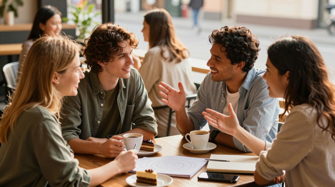 Quatro jovens conversando e tomando café em mesa de cafeteria com pedaços de bolo e cadernos.