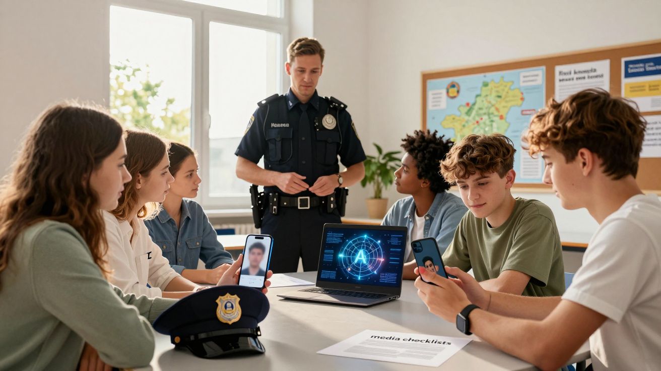 Policial conversando com grupo de jovens sentados à mesa com celulares e laptop em sala de aula iluminada.
