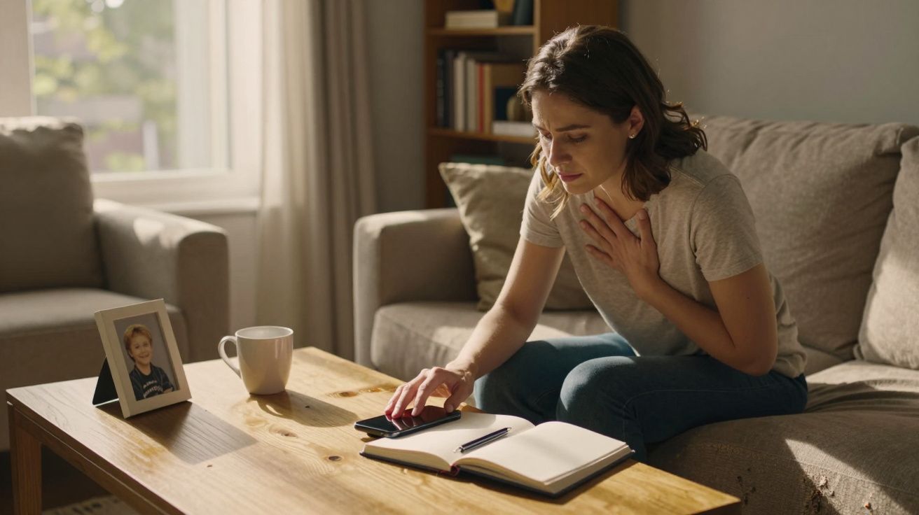 Mulher sentada no sofá com expressão triste, olhando para celular sobre a mesa com foto e caderno.