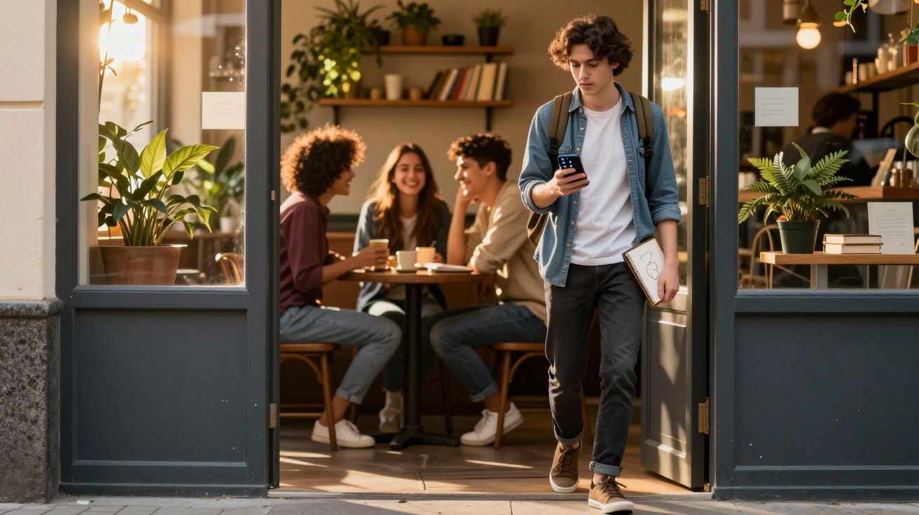 Jovem sai de cafeteria olhando o celular enquanto três pessoas conversam animadas em mesa ao fundo.