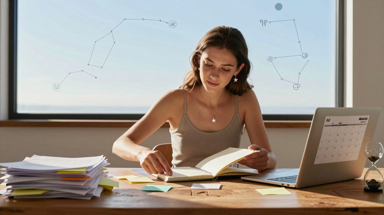 Mulher estudando com laptop, caderno, pilha de papéis e constelações desenhadas na janela ao fundo.