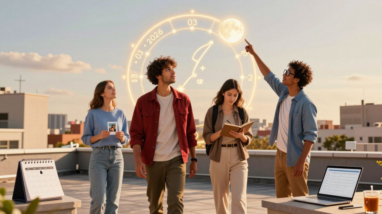 Grupo de jovens em telhado observando e apontando para holograma de calendário e lua ao pôr do sol.