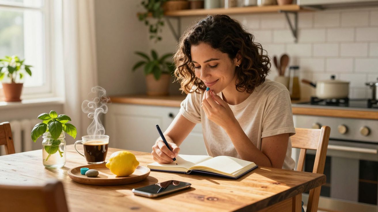 Mulher sorrindo enquanto escreve em caderno na cozinha, com chá quente, limão e remédios na mesa.