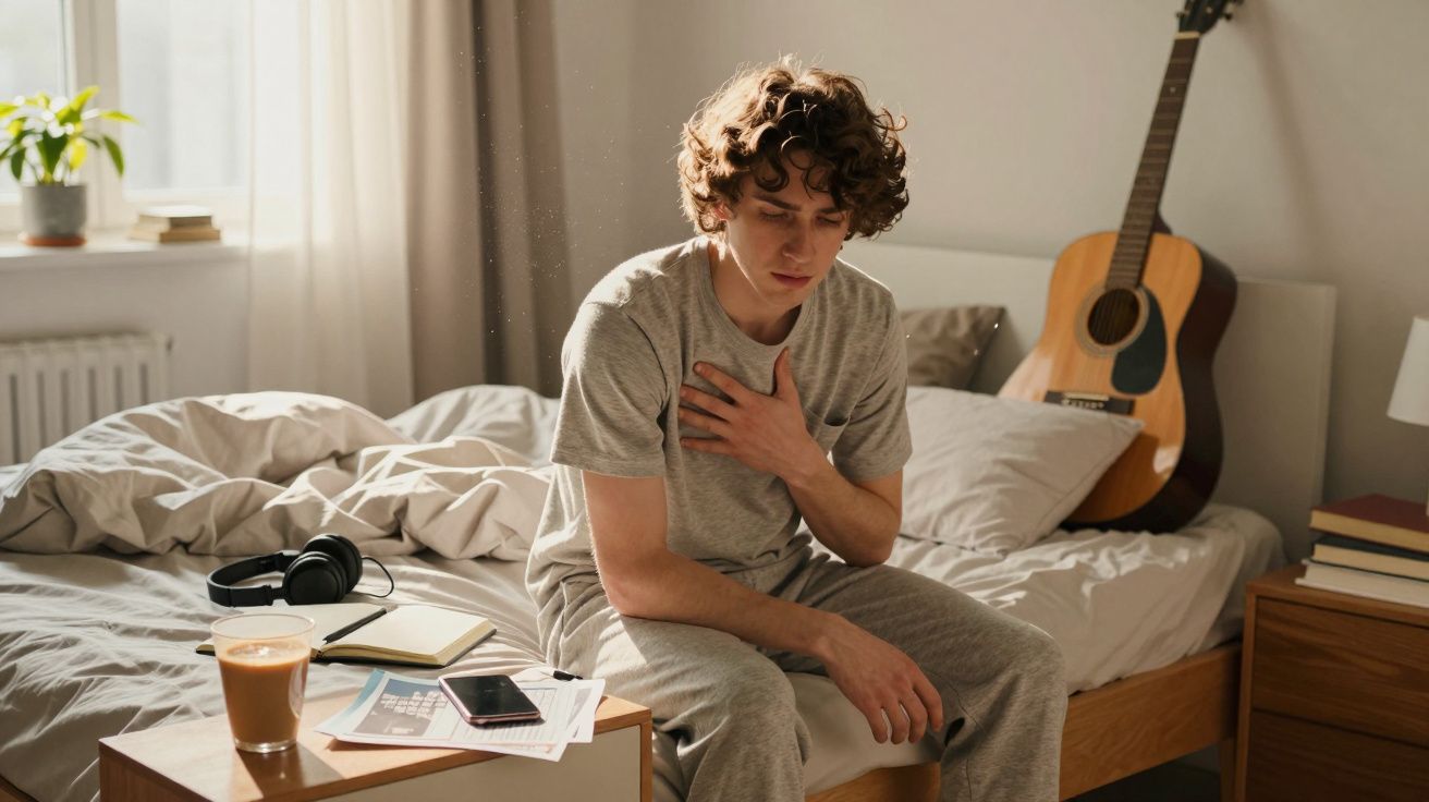 Jovem sentado na cama com expressão de dor no peito, quarto com violão, fones e café ao lado.