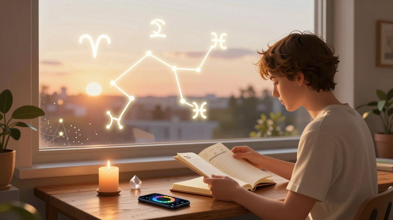 Jovem lendo livro à mesa com vela acesa, plantas, celular e constelações brilhantes no vidro da janela ao pôr do sol.