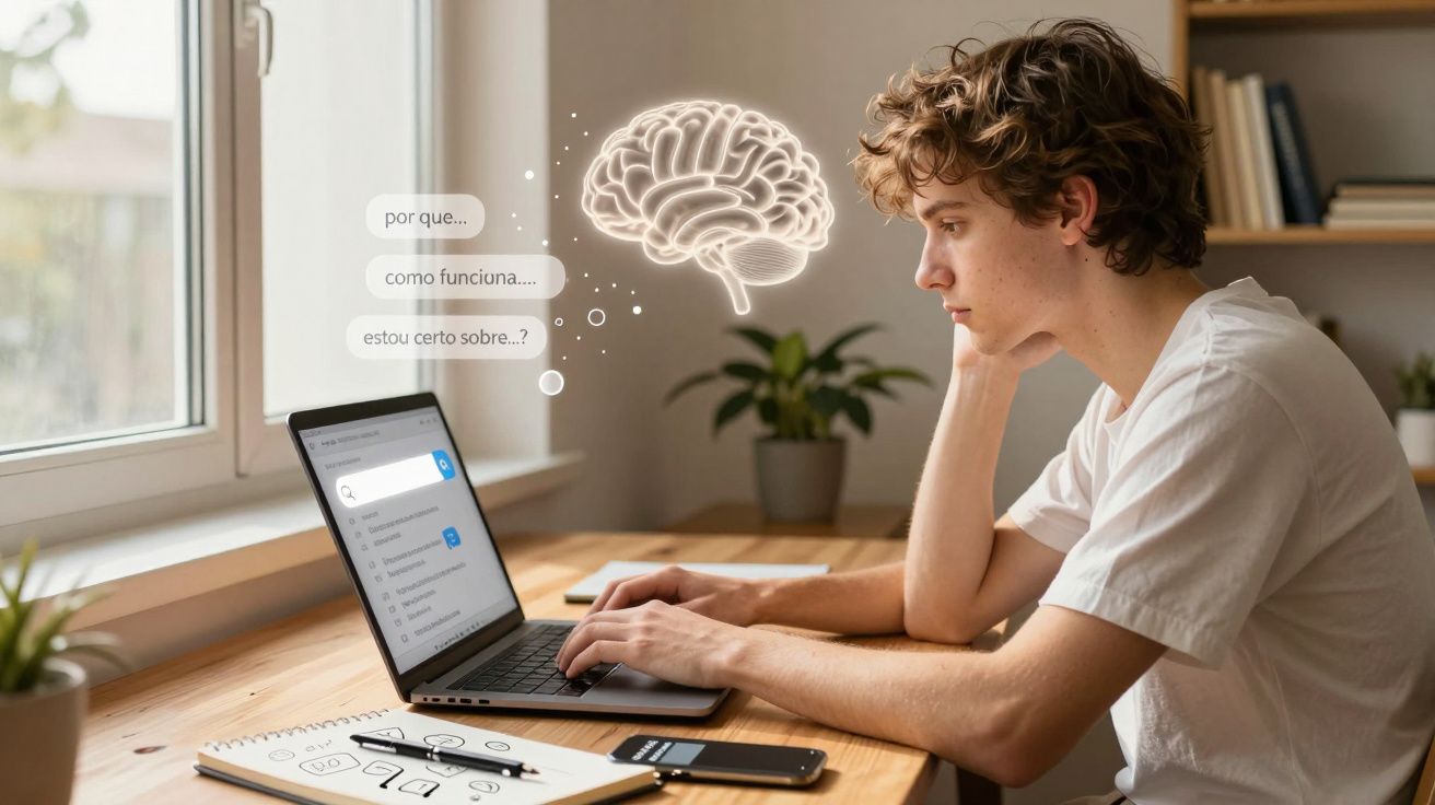 Jovem concentrado usando laptop em mesa com caderno, celular e plantas, com ilustração de cérebro e dúvidas.