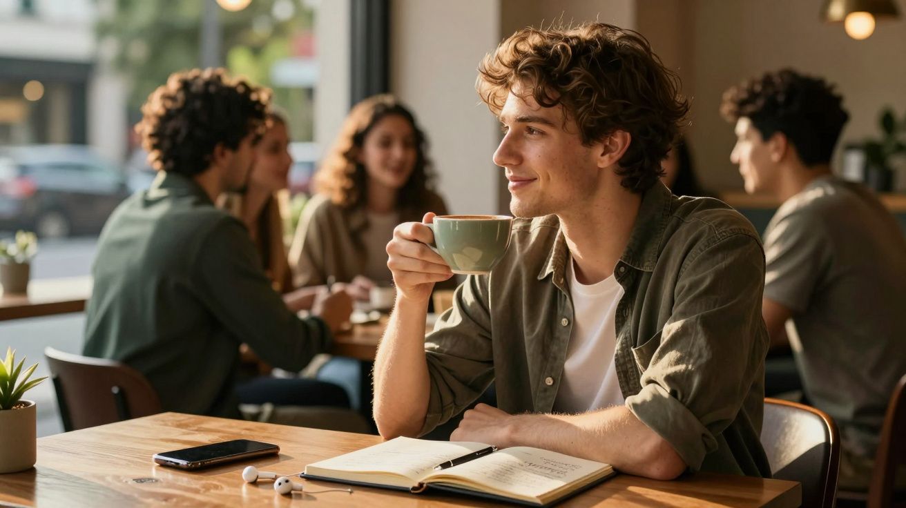 Jovem segurando xícara de café, sentado em mesa com caderno aberto em cafeteria movimentada.