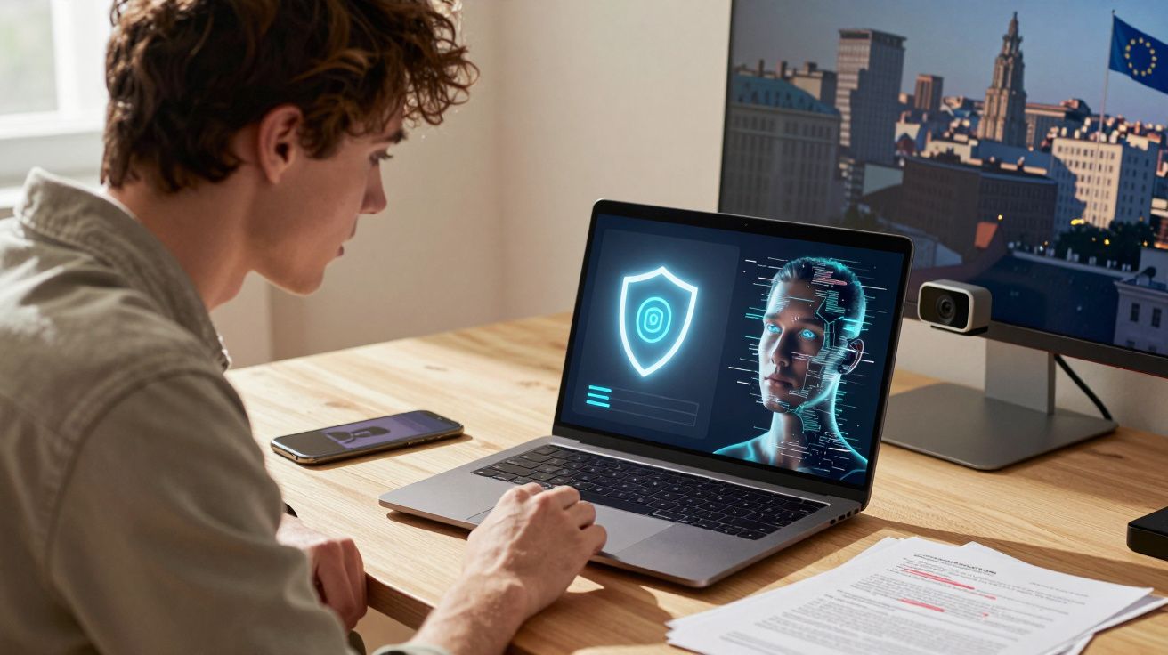 Homem sentado à mesa usando laptop com software de reconhecimento facial e monitor externo na frente.