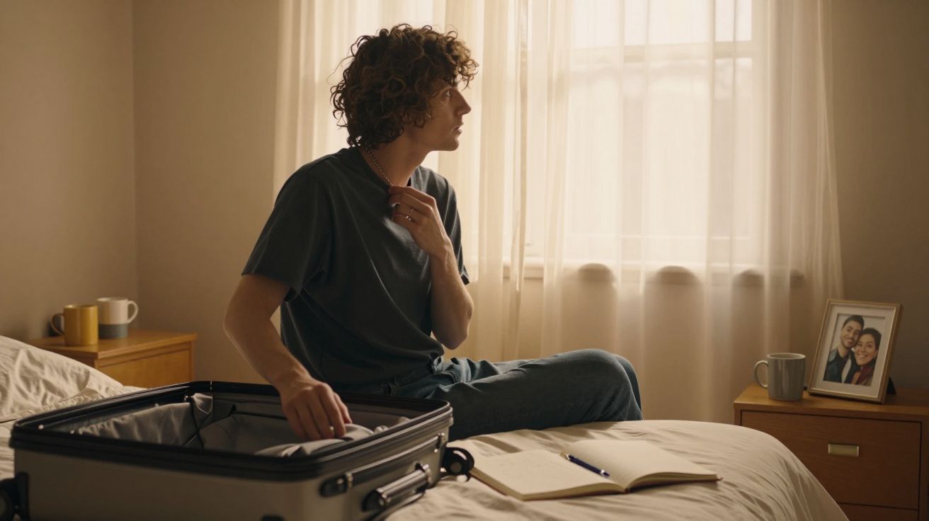 Jovem sentado na cama, olhando pela janela, com mala aberta e caderno em um quarto iluminado.
