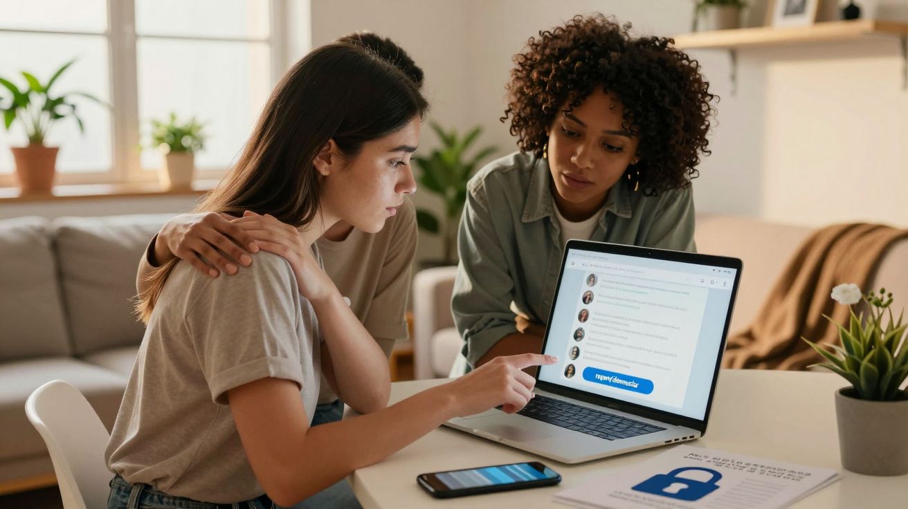 Duas mulheres analisando informações sobre segurança digital em um laptop em uma sala iluminada.