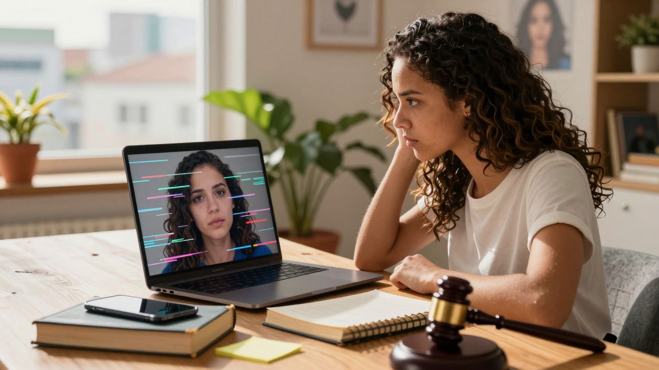 Mulher com expressão preocupada em videochamada no laptop, com livro, celular e malhete na mesa.