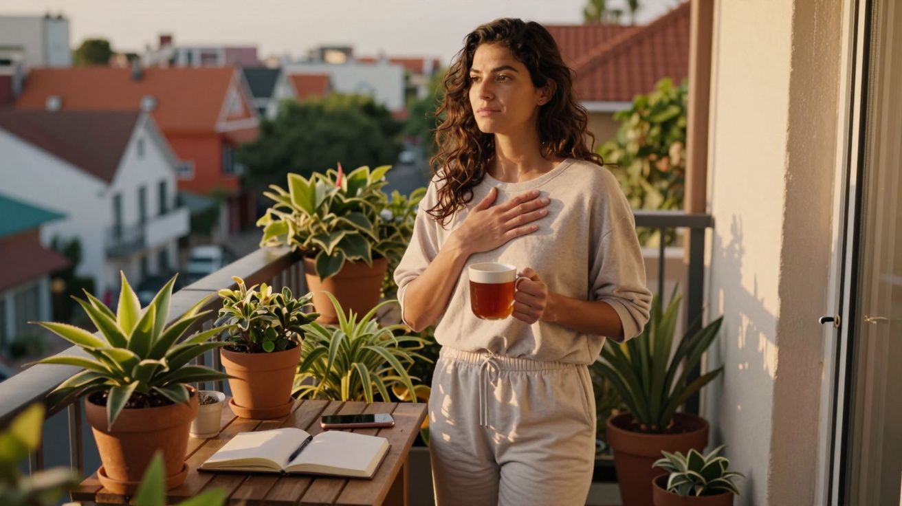Mulher de cabelo cacheado tomando chá e olhando para o horizonte em varanda com plantas ao entardecer.