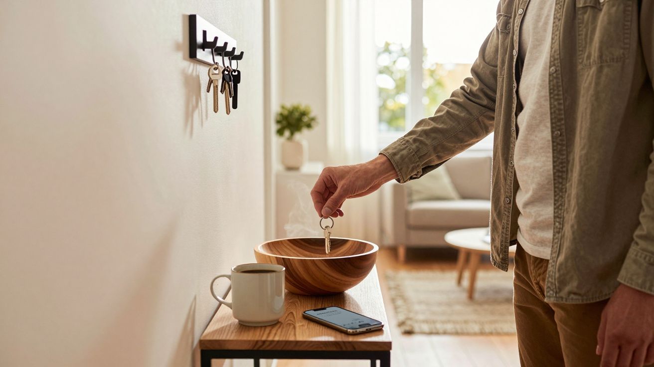 Pessoa guardando chave em tigela de madeira sobre aparador com caneca e celular em sala iluminada.