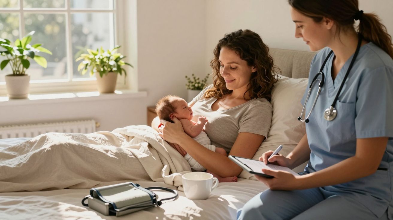 Enfermeira em uniforme registra informações enquanto mãe segura bebê recém-nascido na cama ensolarada.