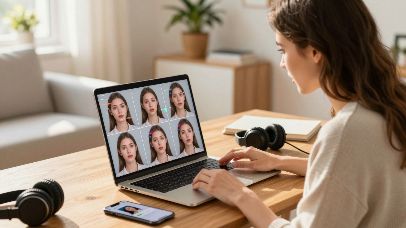 Mulher sentada em mesa usando notebook para editar fotos de retrato e celular com foto próxima à ela.