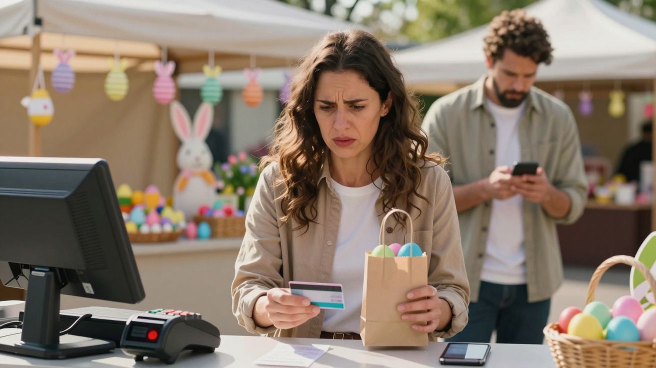 Mulher preocupada fazendo compra com cartão, segurando sacola com ovos coloridos em feira ao ar livre.