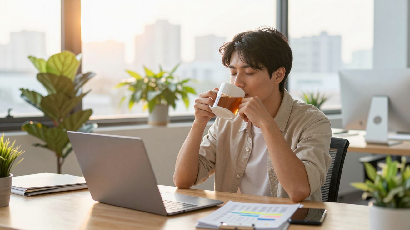 Homem jovem sentado em escritório, bebendo chá enquanto trabalha no laptop ao amanhecer.