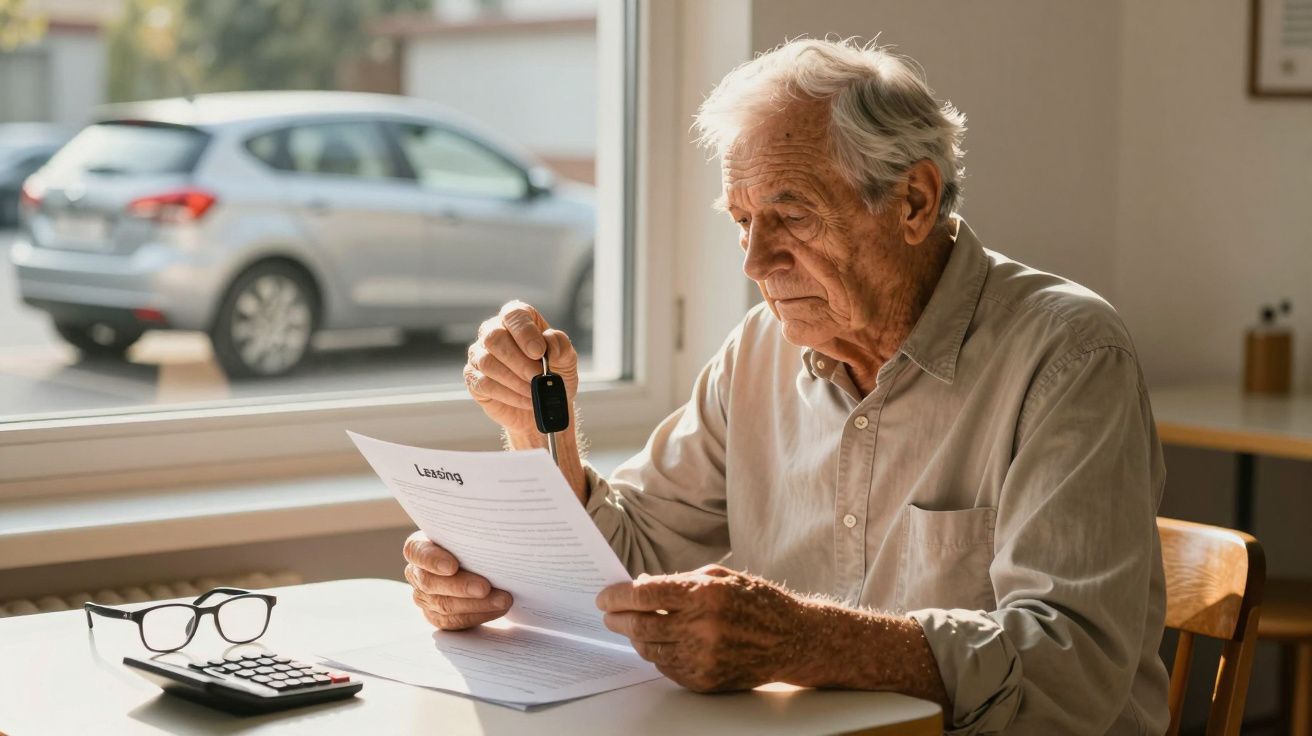Idoso analisando contrato de aluguel segurando chave, com calculadora e óculos sobre a mesa.