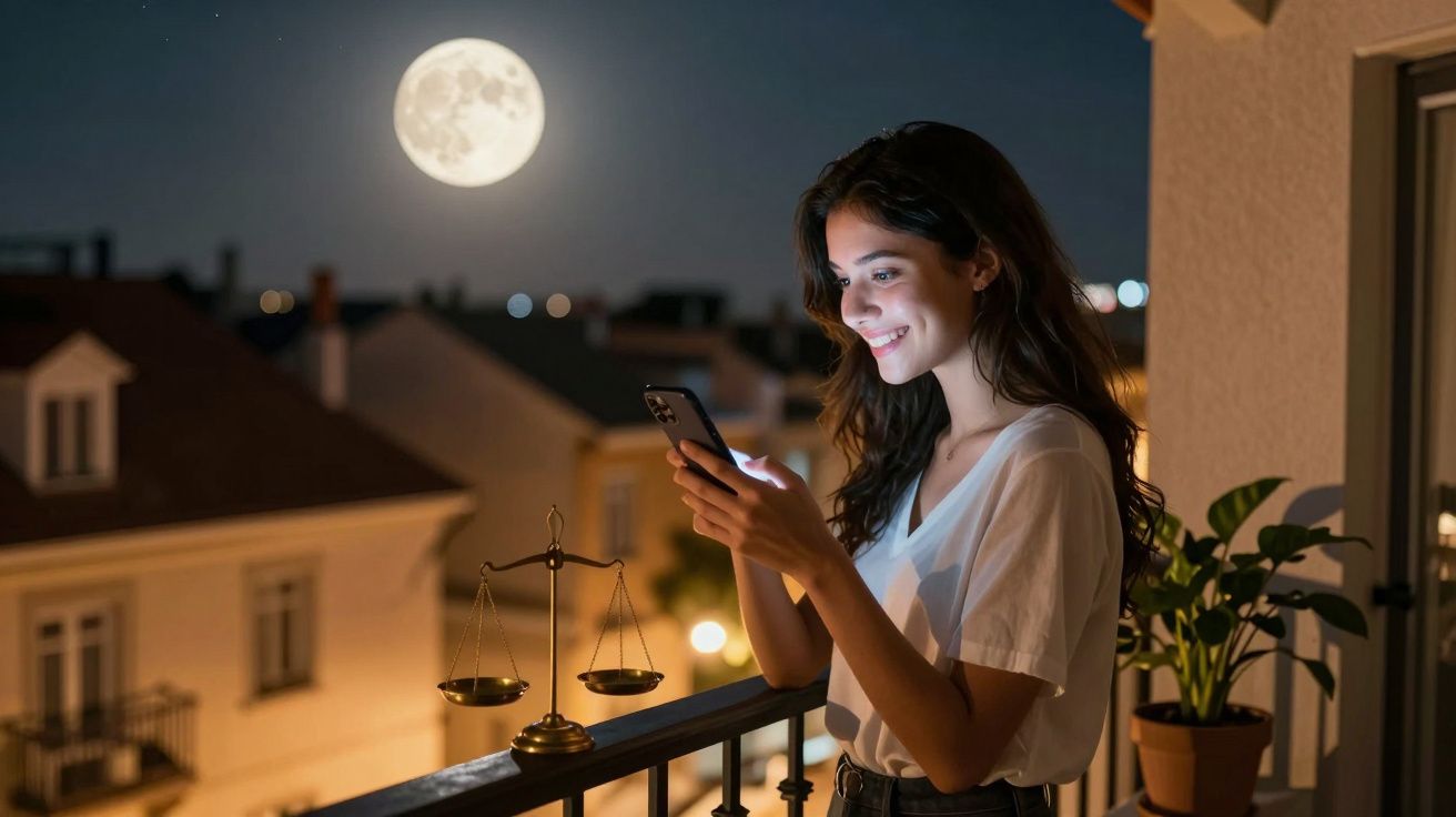Jovem sorrindo ao usar celular na sacada à noite com lua cheia e casas iluminadas ao fundo.
