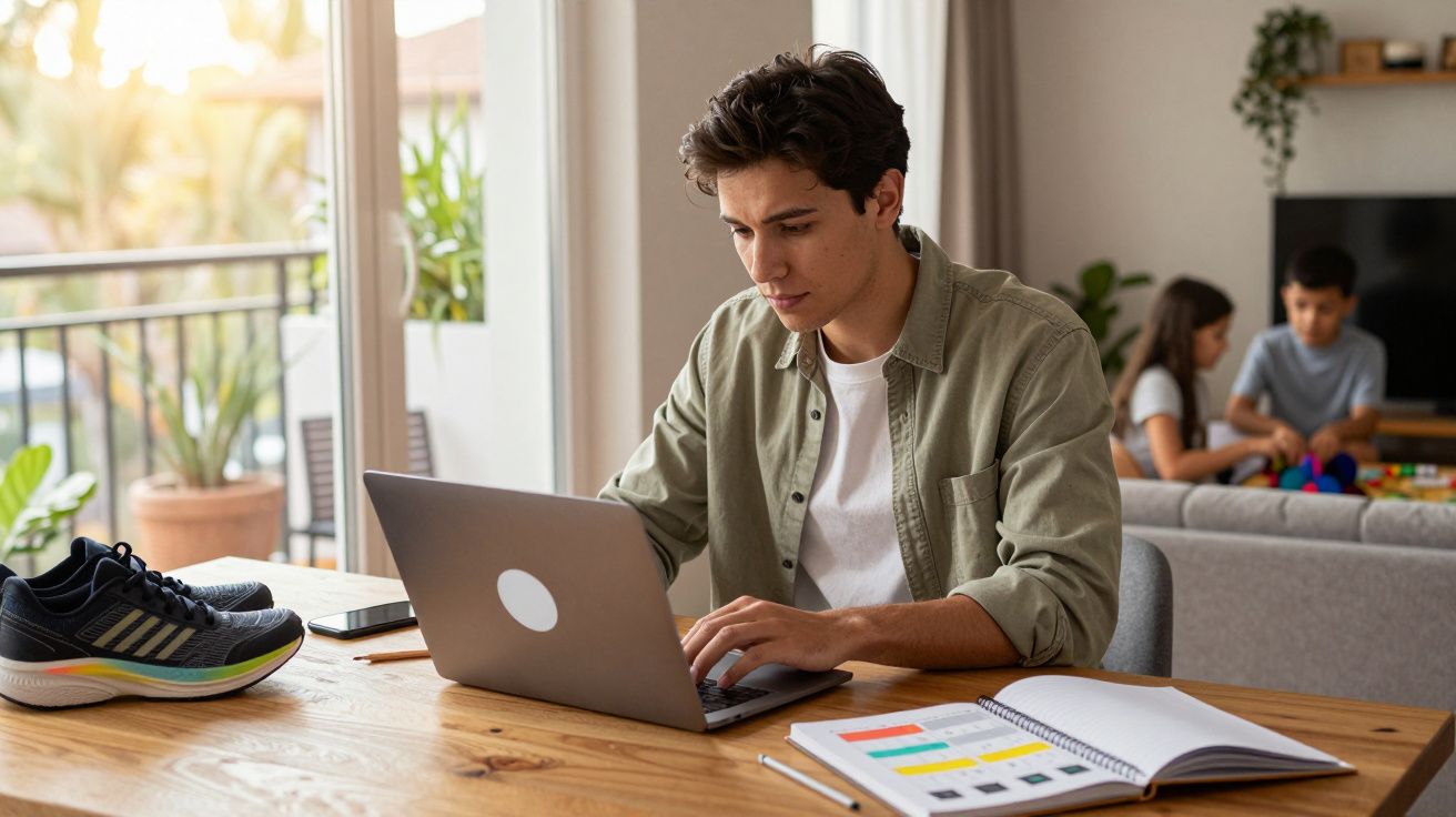 Jovem trabalhando em computador com caderno aberto, tênis e celular sobre mesa em ambiente iluminado.