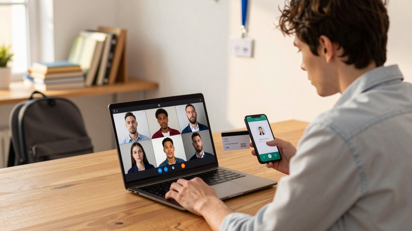Homem participa de reunião virtual no laptop enquanto segura smartphone e cartão em mesa de madeira.