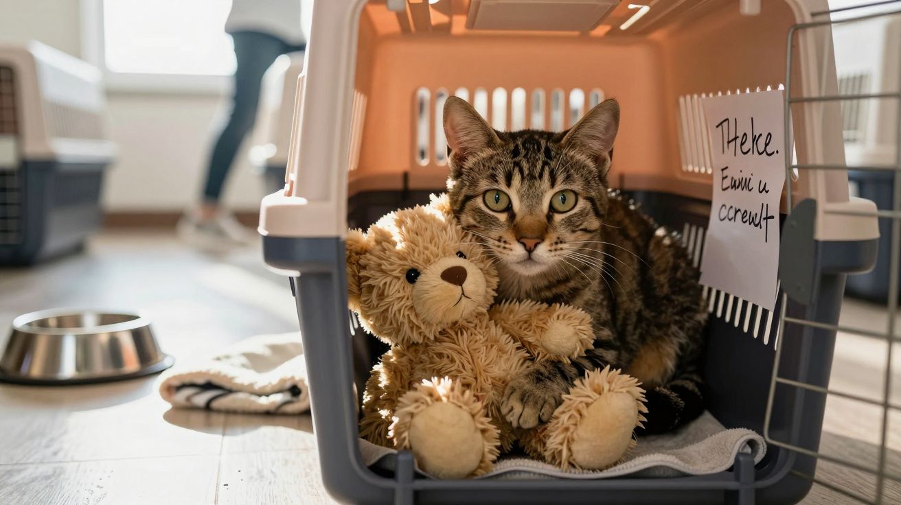 Gato dentro de caixa de transporte abraçado a ursinho de pelúcia em ambiente interno.